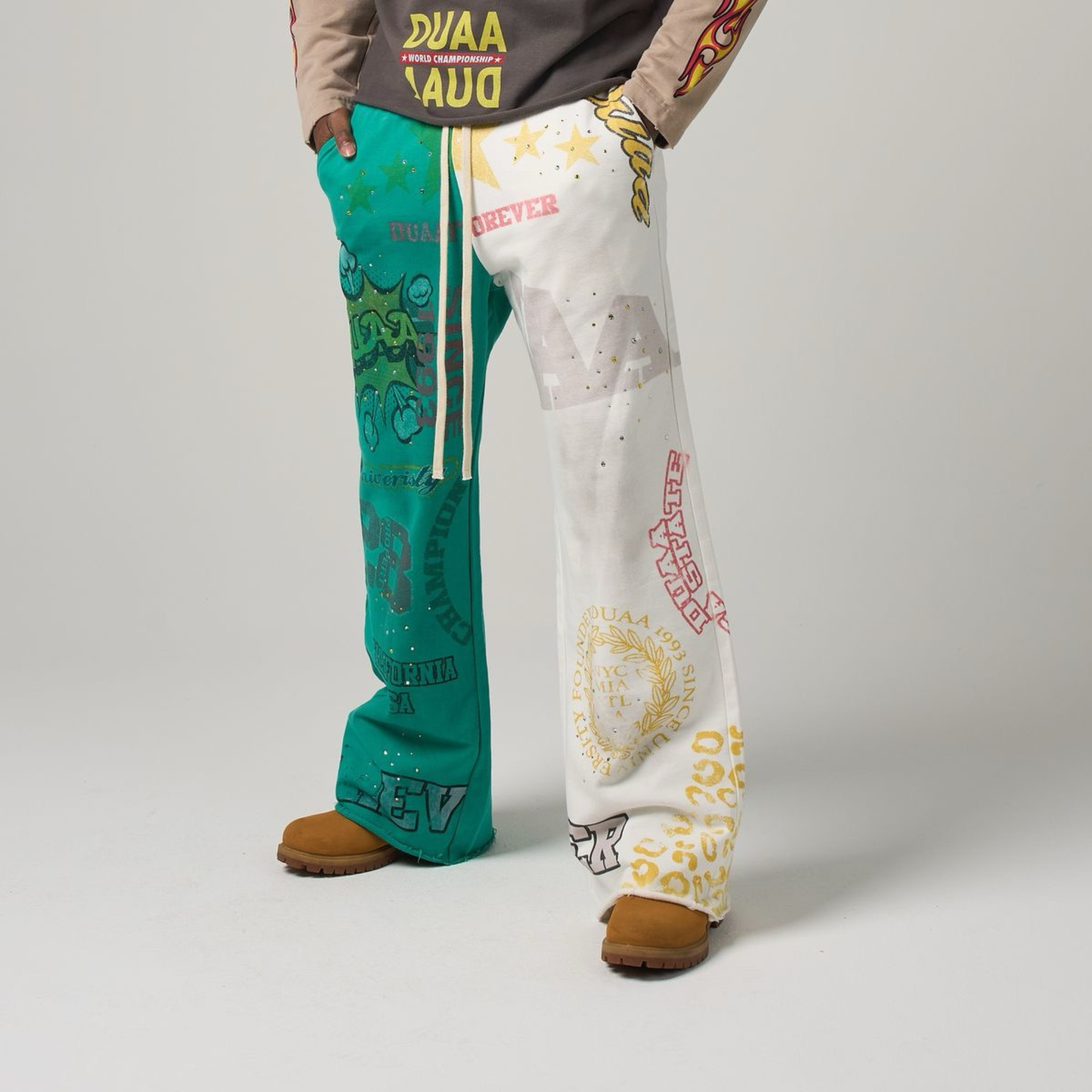 DUAA "Star Split" Sweatpants (White/Green) - DUAA