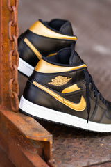 Mens Air Jordan 1 Mid (Black/Metallic Gold/White) - VIP Nike