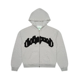 Gray hoodie with black logo on a light gray background